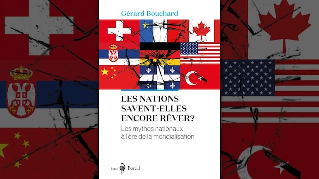 Illustration représentant plusieurs drapeaux, notamment ceux du Canada et du Québec, derrière une vitre brisée