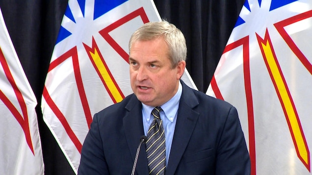 Gerry Byrne parle, assis en conférence de presse devant une rangée de drapeaux de Terre-Neuve-et-Labrador.