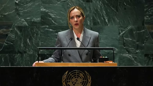 Italian Prime Minister Giorgia Meloni speaks during the United Nations General Assembly on Sept. 20. Meloni is seeking international help in dealing with the thousands of migrants arriving in Italy by boat. (Michael M. Santiago/Getty Images)