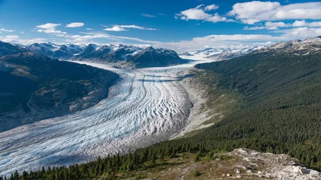 Énorme glacier dans une vallée, avec fond de montagnes.
