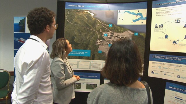 Deux hommes et une femme regardent une carte illustrant l'usine Énergie Saguenay.