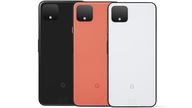 Le téléphone Google Pixel 4 en noir, orange et blanc.