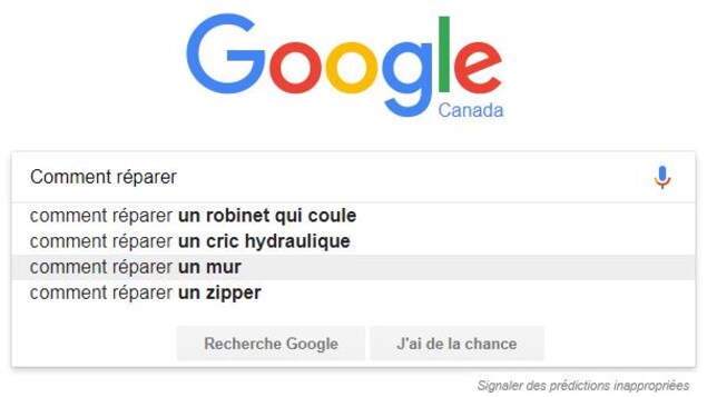 Une capture d'écran du moteur de recherche Google, dans lequel sont inscrits les mots « Comment réparer ». L'une des suggestions qui s'affiche est « Comment réparer un mur ». Une capture d'écran du moteur de recherche Google, dans lequel sont inscrits les mots « Comment réparer ». L'une des suggestions qui s'affiche est « Comment réparer un mur ».
