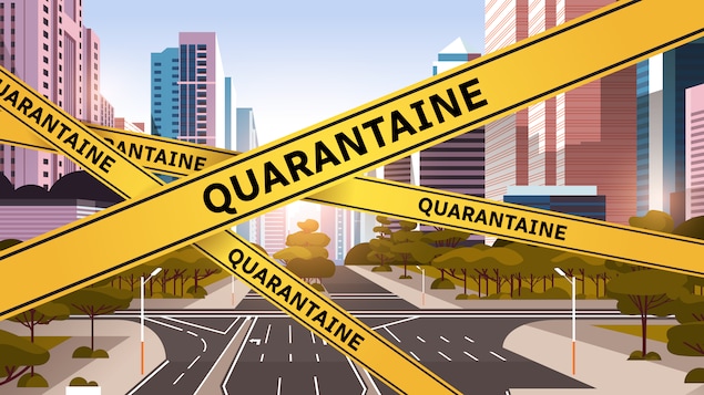 Graphique d'une ville barricadée de ruban jaune indiquant le mot quarantaine.