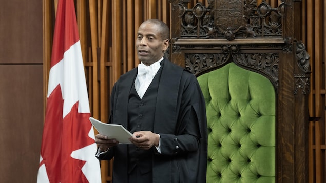 Speaker Greg Fergus addresses the House of Commons on Parliament Hill in Ottawa on Monday, March 18, 2024.