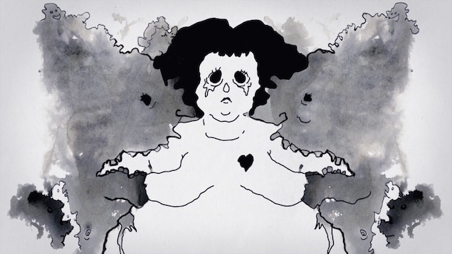 Dessin noir et blanc montrant une femme qui pleure.