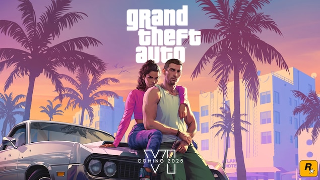 Un couple sur une voiture dans un décor tropical, dans un jeu vidéo. 