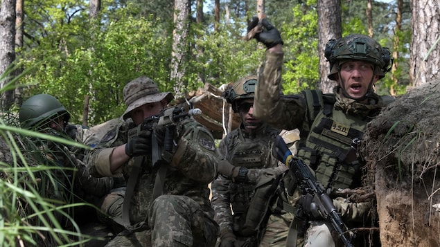 Quatre soldats ukrainiens en plein entraînement.