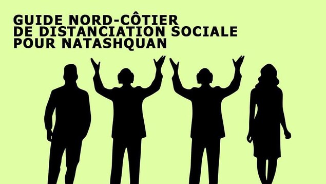 Deux silhouettes séparées par deux silhouettes de Gilles Vigneault. L'image est titrée «Guide de distanciation sociale pour Natashquan.