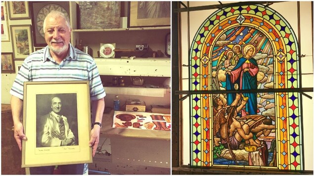 Roger Boccini Nincheri montre la photo de son grand-père, Guido Nincheri, célèbre fabricant de vitraux montréalais d'origine italienne Roger Boccini Nincheri montre la photo de son grand-père, Guido Nincheri, célèbre fabricant de vitraux montréalais d'origine italienne