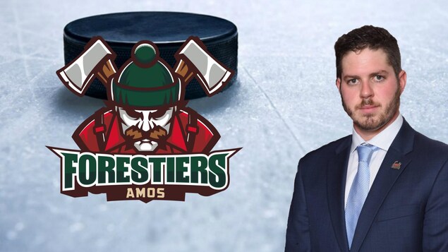 Un montage photo avec la photo d'un homme et le logo d'une équipe de hockey.