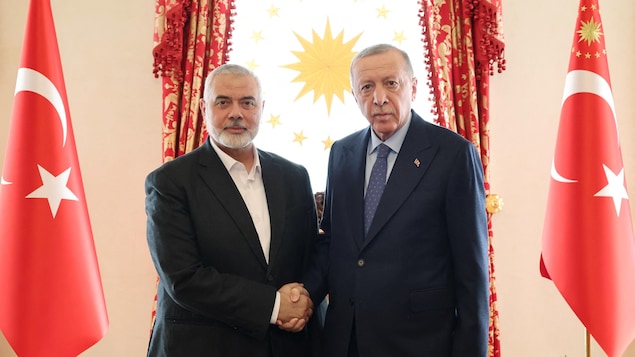 Le président turc Tayyip Erdogan et Ismaïl Haniyeh, chef du mouvement palestinien Hamas.