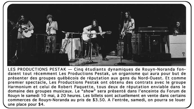 Une publicité précédant le spectacle d'Harmonium à Rouyn en 1975 Une publicité précédant le spectacle d'Harmonium à Rouyn en 1975