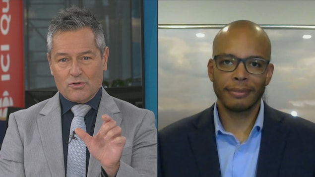 L'animateur Bruno Savard et Harold Fortin, ancien directeur des communications de Philippe Couillard, pendant une entrevue.