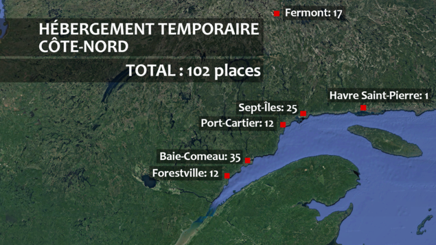 Une carte avec les ressources en hébergement temporaire: un total de 102 places. Une carte avec les ressources en hébergement temporaire: un total de 102 places.