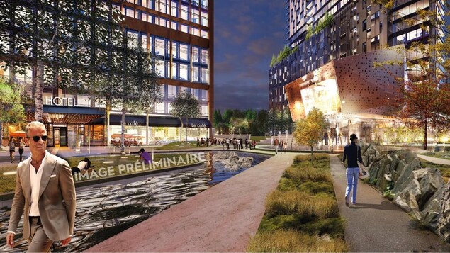 La place centrale du projet HUMANITI, de nuit.