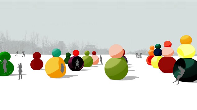 Un dessin du concept de huttes en forme de bonhommes de neige. Un dessin du concept de huttes en forme de bonhommes de neige.