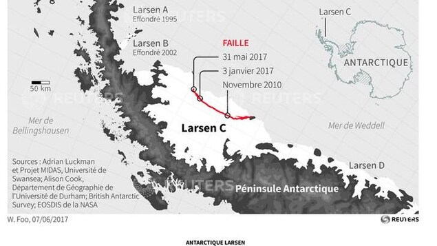 Carte de la barrière de glace Larsen C en Antarctique. Carte de la barrière de glace Larsen C en Antarctique.