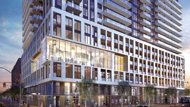 un tour qui représente le futur Centre autochtone pour l'innovation et l'entrepreneuriat, il ressemble aux tours à condominiums de Toronto, de larges vitres et fenêtres, un effet miroir et la tour est haute et en plein centre de la Ville Reine, très moderne un tour qui représente le futur Centre autochtone pour l'innovation et l'entrepreneuriat, il ressemble aux tours à condominiums de Toronto, de larges vitres et fenêtres, un effet miroir et la tour est haute et en plein centre de la Ville Reine, très moderne