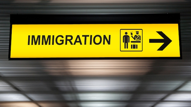 Un panneau signalétique montrant les douanes pour les passagers en immigration dans un aéroport. 