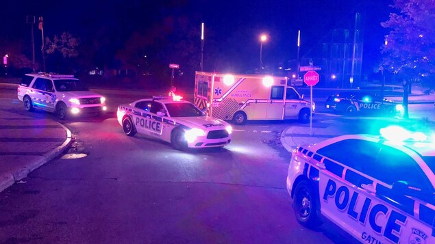 Des véhicules du Service de police de la Ville de Gatineau ainsi qu'une ambulance pendant une intervention policière. Des véhicules du Service de police de la Ville de Gatineau ainsi qu'une ambulance pendant une intervention policière.