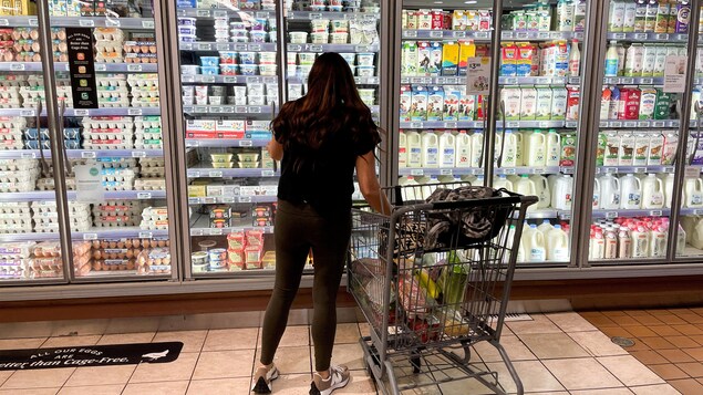 Una mujer frente a la sección de productos lácteos en un supermercado. 