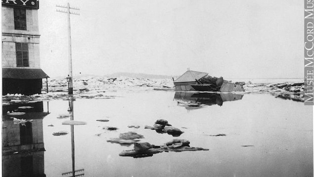Une vue vers le fleuve depuis la place Jacques-Cartier à Montréal en 1886. L'eau recouvre complètement le port.
Une vue vers le fleuve depuis la place Jacques-Cartier à Montréal en 1886. L'eau recouvre complètement le port.