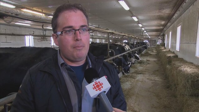 Un homme portant des lunettes, devant ses vaches, répond aux questions de la journaliste. Un homme portant des lunettes, devant ses vaches, répond aux questions de la journaliste.