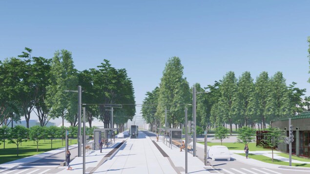 Esquisse présentant l’insertion de la conception de référence du tramway sur le boulevard René-Lévesque, à la hauteur de l’avenue Joffre.