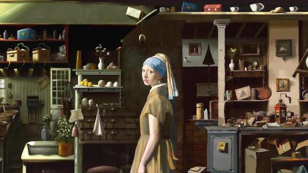 Le tableau La jeune fille à la perle, qui représente une femme portant une perle à l'oreille ainsi qu'un turban sur la tête, est élargi dans un décor s'apparentant à l'intérieur d'une maison d'époque. 