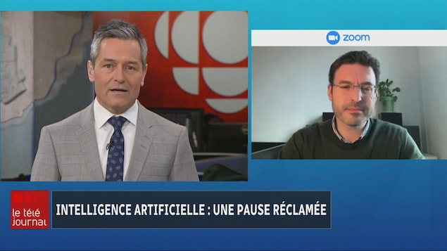 Capture d'écran d'une entrevue au téléjournal avec Bruno Savard et l'invité Marc-Antoine Dilhac. 