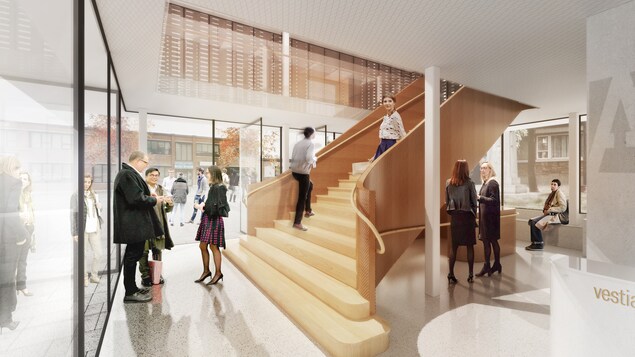 Un plan de la future devanture de la salle de spectacle l'Agora des arts. Un grand escalier en bois occupera l'espace d'une cage en verre placée au devant du bâtiment. Un plan de la future devanture de la salle de spectacle l'Agora des arts. Un grand escalier en bois occupera l'espace d'une cage en verre placée au devant du bâtiment.