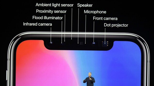 Une photo d'un présentateur sur la scène du Steve Jobs Theater, avec un détail des capteurs du nouvel iPhone X sur un écran géant derrière lui. Une photo d'un présentateur sur la scène du Steve Jobs Theater, avec un détail des capteurs du nouvel iPhone X sur un écran géant derrière lui.