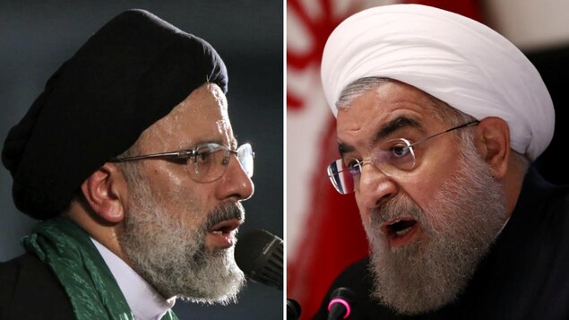 Deux Iraniens portant des turbans, l'un noir, l'autre blanc, parlent dans un micro. Deux Iraniens portant des turbans, l'un noir, l'autre blanc, parlent dans un micro.