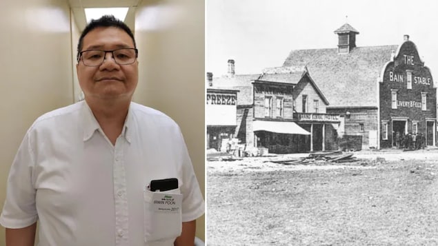 Irwin Poon, historien amateur de Calgary, à gauche, et, à droite, photo juxtaposée et en noir et blanc d'un commerce ressemblant à une grange.