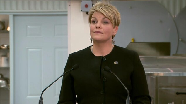La ministre québécoise de l'Environnement, Isabelle Melançon, procédant à une annonce gouvernementale en direct des Ruchers Promiel, dans une salle qui s'apparente à un sous-sol. La ministre québécoise de l'Environnement, Isabelle Melançon, procédant à une annonce gouvernementale en direct des Ruchers Promiel, dans une salle qui s'apparente à un sous-sol.
