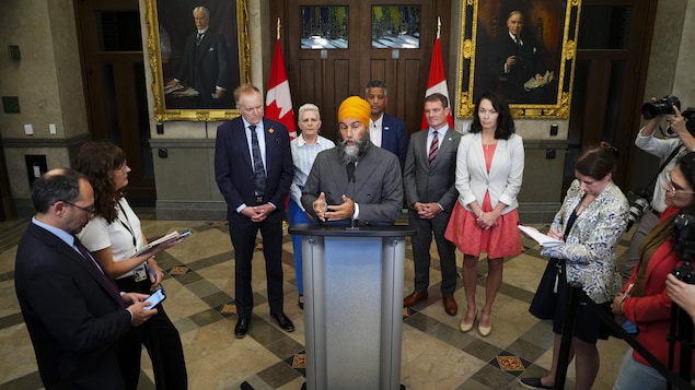 NDP Leader Jagmeet Singh speaks to reporters in the foyer of the House of Commons on Parliament Hill in Ottawa on Monday, Sept. 16, 2024.