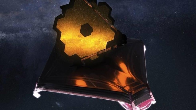 This artist’s conception shows the fully unfolded James Webb Space Telescope in space.