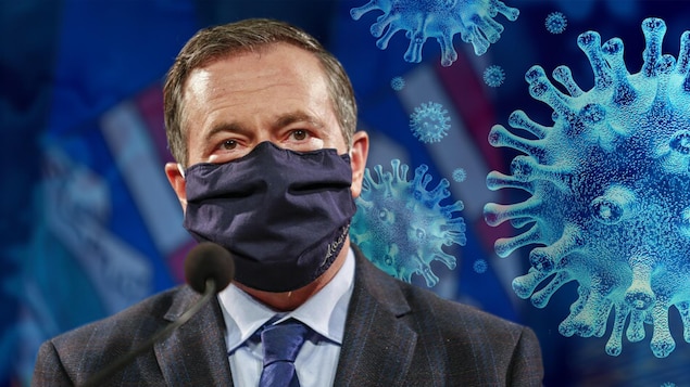 Montage ng larawan: lumulutang ang mga coronavirus sa paligid ni Alberta Premier Jason Kenney, na nakasuot ng mask.