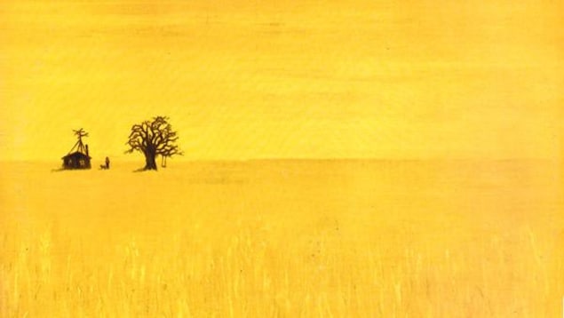 Un dessin d'une ferme et d'un arbre à l'horizon entre un ciel et une terre complètement jaunes.