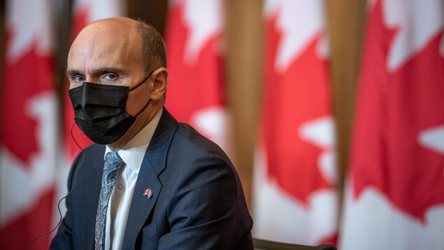 Jean-Yves Duclos, le visage recouvert d'un masque de protection, regarde la caméra devant une rangée de drapeaux canadiens.