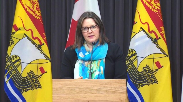 Jennifer Russell au micro, entre des drapeaux du Nouveau-Brunswick.