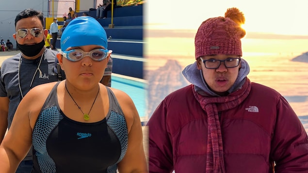 Jiya Rai en maillot de bain et Miori Hénault en habits d'hiver.