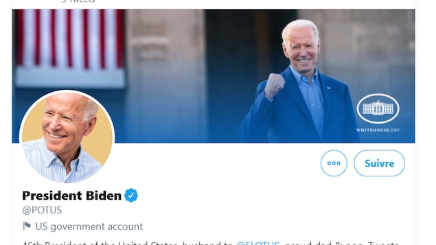 Capture d'écran du compte Twitter @POTUS, montrant des photos de Joe Biden souriant.