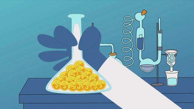Une animation montre une main tenant du matériel de laboratoire plein d'argent.