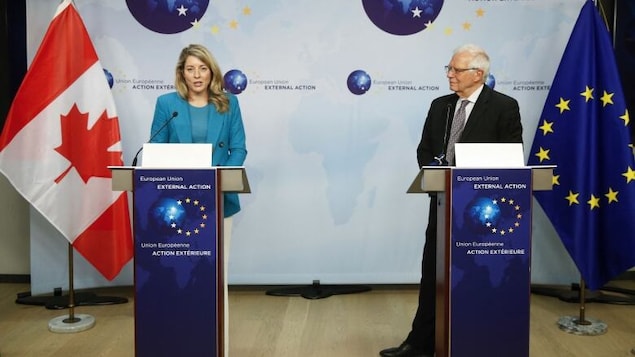 High Representative of the European Union for Foreign Affairs and Security Policy Josep Borrell, right, listens to Canadian Foreign Minister Melanie Joly during a news conference in Brussels on Jan. 20 as the European Union signals it 'is ready' to respond to a Russian intervention in Ukraine with 'massive' economic and financial sanctions. 