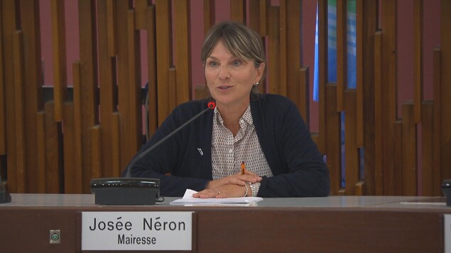 Une femme est à la table du conseil municipal et parle à un micro.
