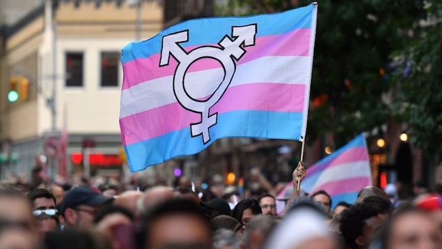 Une personne tient un drapeau de la fierté transgenre dans une foule.