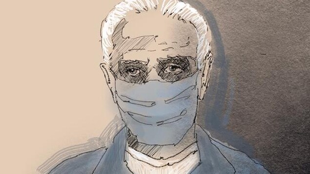 Esquisse de Jacques Delisle, un homme âgé aux cheveux blancs, qui porte un masque de couleur bleu.