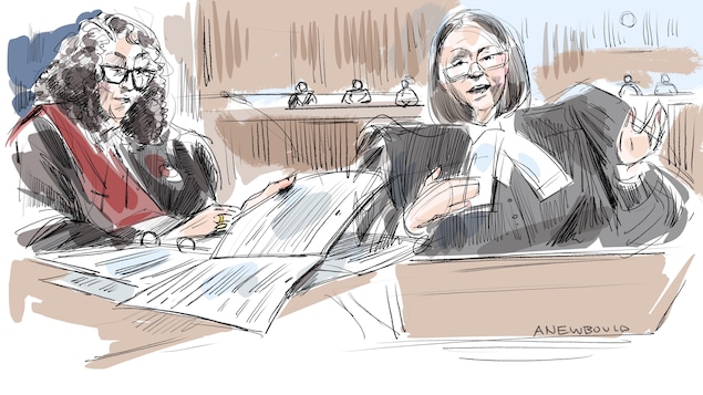 Un croquis de la juge Maria Carroccia et de la procureure Meaghan Cunningham.